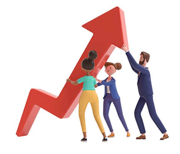 Illustration of three people holding arrow pointing up.